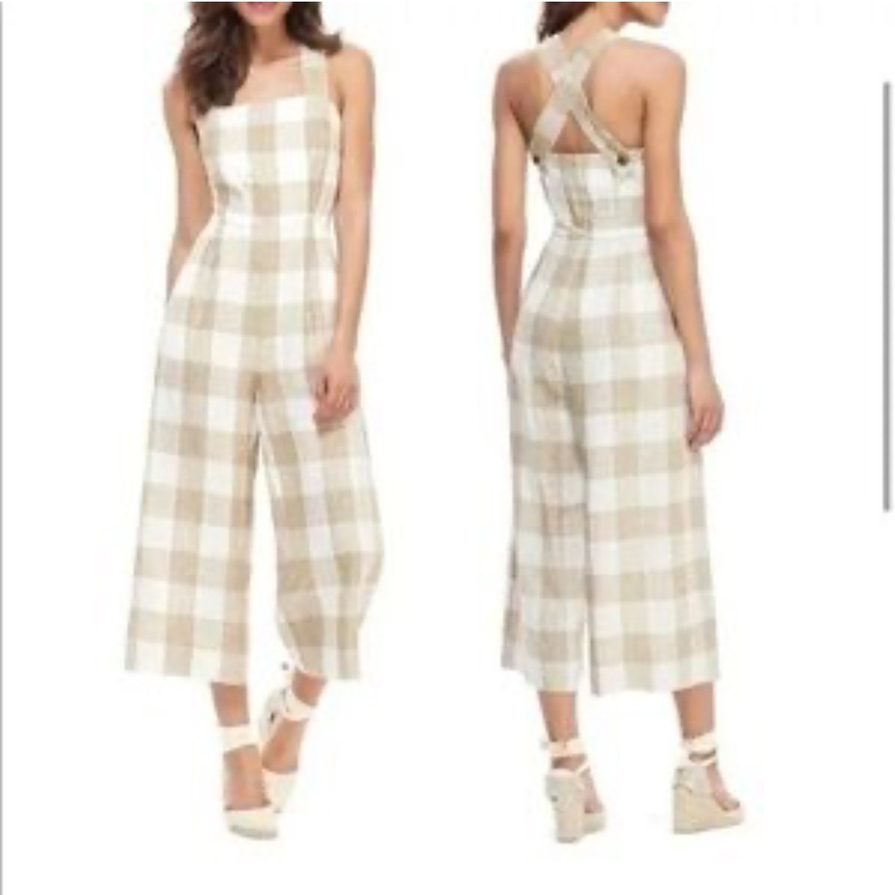 Gal meets glam Linen Plaid wide leg Sleeveless jumpsuit in Brown Cream size s